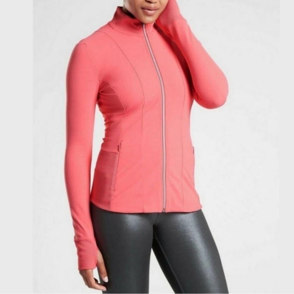 Athleta Shanti Coral Pink Ribbed Powervita Zip Up Jacket